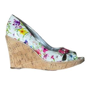 GUESS by Marciano Floral Cork Wedge Peep Toe Patent Heels